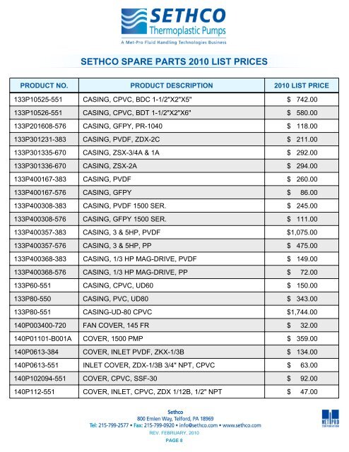 sethco spare parts 2010 list prices - Pristine Water Solutions Inc.