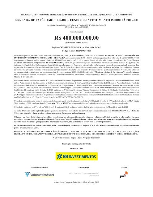 FII BB RENDA DE PAPÃIS IMOBILIÃRIOS - Banco do Brasil