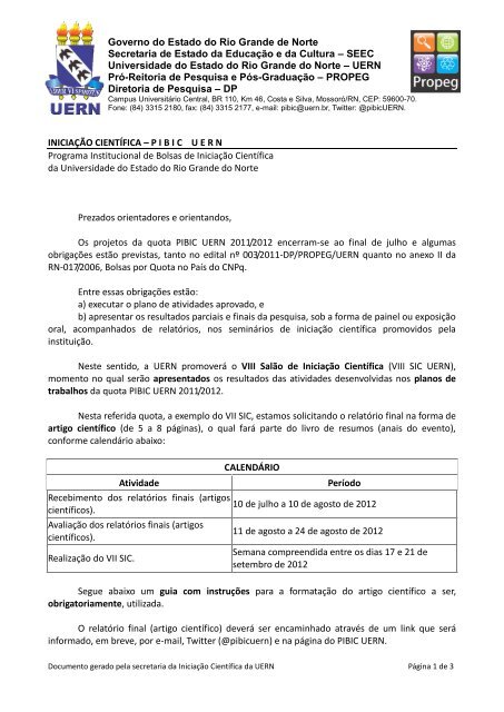 Divulgado o calendário de entrega dos relatórios finais PIBIC