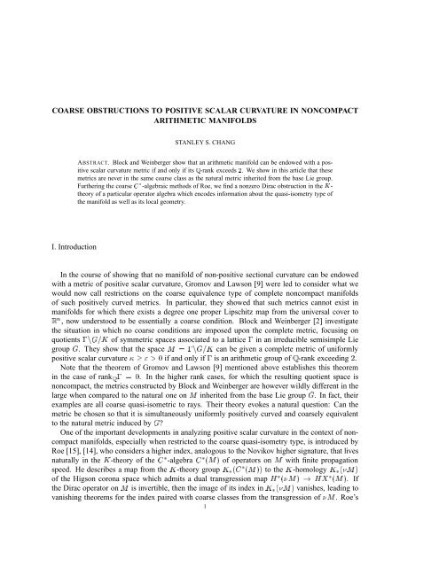 COARSE OBSTRUCTIONS TO POSITIVE SCALAR CURVATURE IN ...