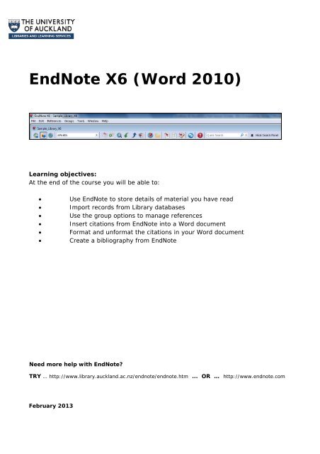 EndNote X6 (Word 2010) - The University of Auckland Library