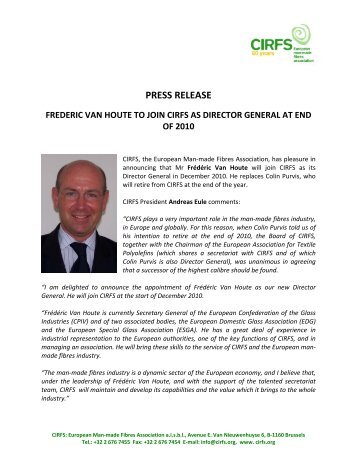 press release frederic van houte to join cirfs as ... - FiberSource