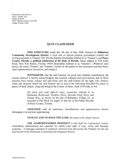 Quit Claim Deed - Ballantrae CDD - Pasco County Government