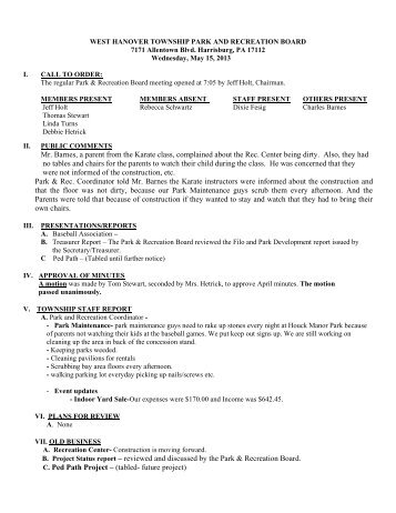 Park & Rec Meeting Minutes May 15, 2013 - West Hanover Township