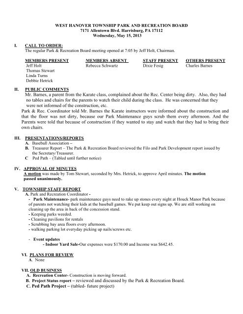 Park & Rec Meeting Minutes May 15, 2013 - West Hanover Township