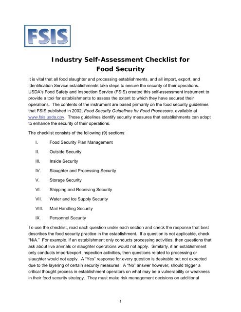 Industry Self-Assessment Checklist for Food Security