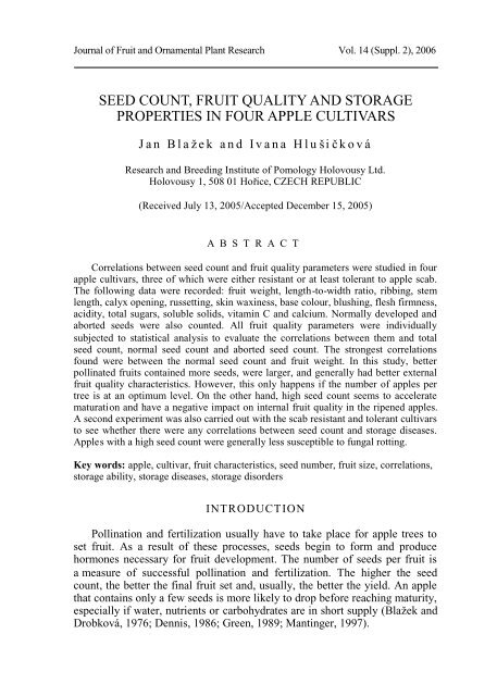 seed count, fruit quality and storage properties in four apple cultivars