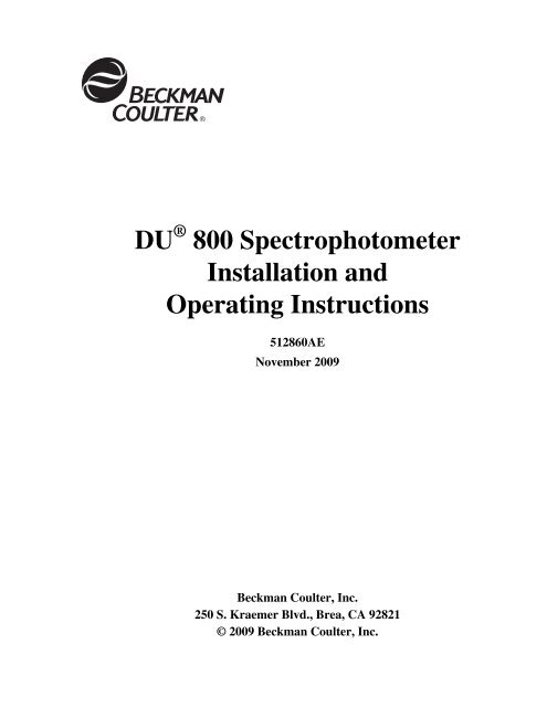DU 800 Spectrophotometer Installation and Operating Instructions
