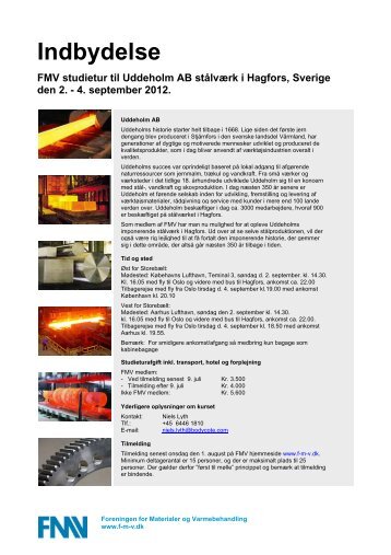 Indbydelse FMV studietur til Uddeholm AB stålværk i Hagfors ...