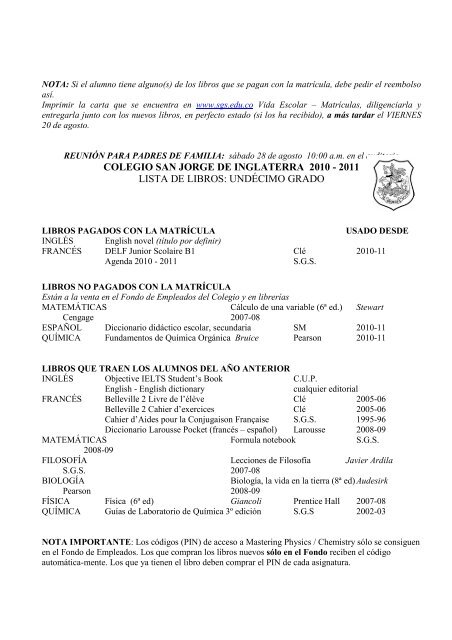 colegio san jorge de inglaterra 2010 - 2011 lista de libros: transiciÃ³n