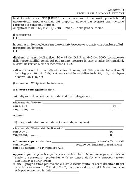 Modello intercalare “REQUISITI” - Camera di commercio di Taranto