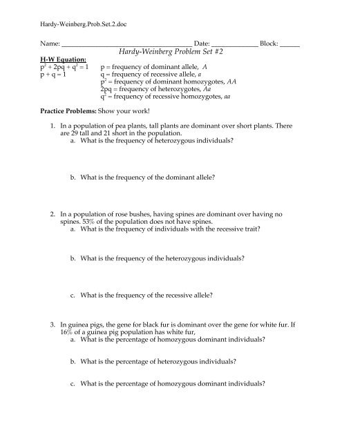 Hardy Weinberg Problem Set 2 Nnhsbergbio