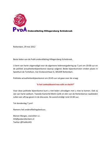 Rotterdam, 29 mei 2012 Beste leden van de PvdA onderafdeling ...