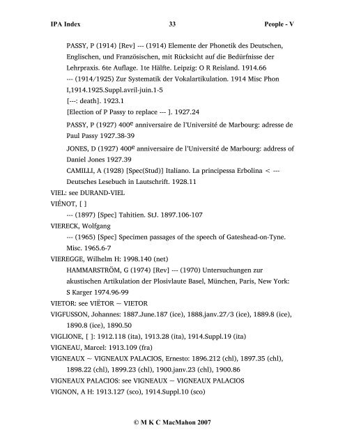 IPA Index 1 People - V Â© M K C MacMahon 2007 VAAGE, M ...