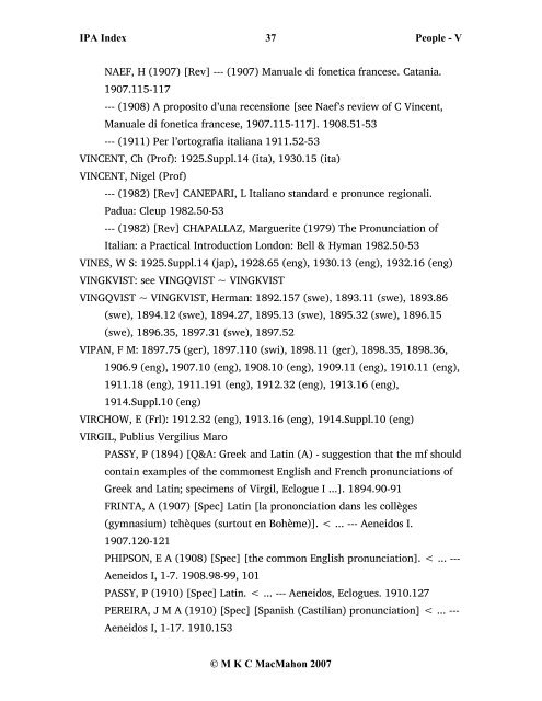 IPA Index 1 People - V Â© M K C MacMahon 2007 VAAGE, M ...