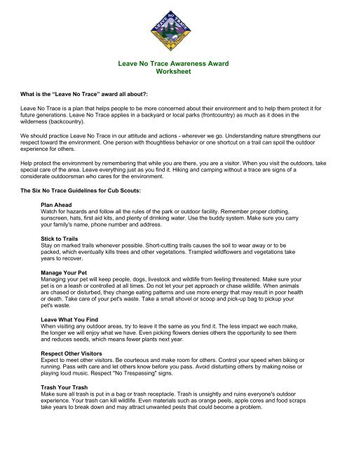 Leave No Trace Awareness Award Worksheet