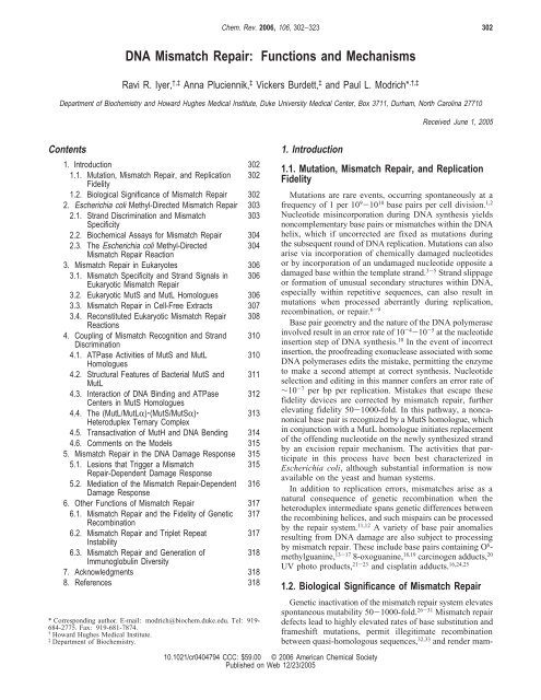 DNA Mismatch Repair: Functions and Mechanisms