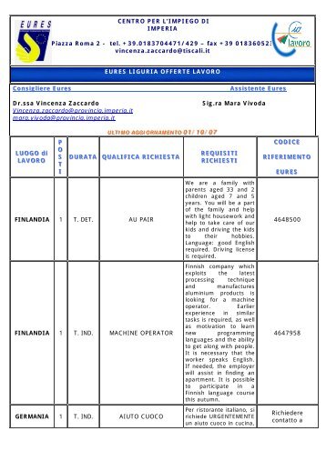 CENTRO PER L'IMPIEGO DI IMPERIA Piazza Roma 2 - tel. + ...