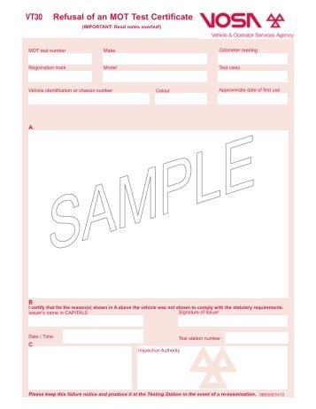 Refusal of an MOT Test Certificate VT30 - Driving, transport and travel