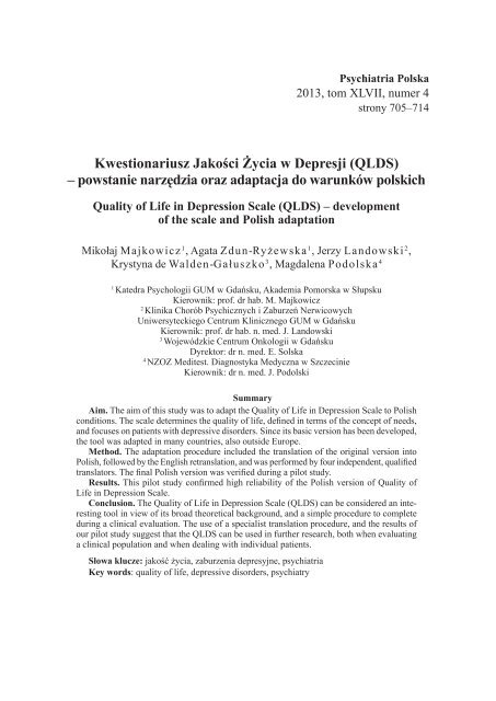 Kwestionariusz JakoÅci Å»ycia w Depresji (QLDS) - Psychiatria Polska