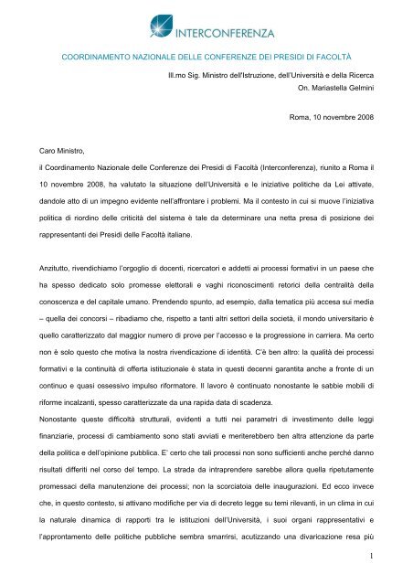 Lettera dell'Interconferenza dei Presidi di Facoltà al MIUR - aisna