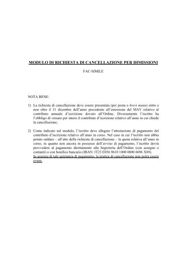 modulo di richiesta di cancellazione per dimissioni - ORDINE DEGLI ...
