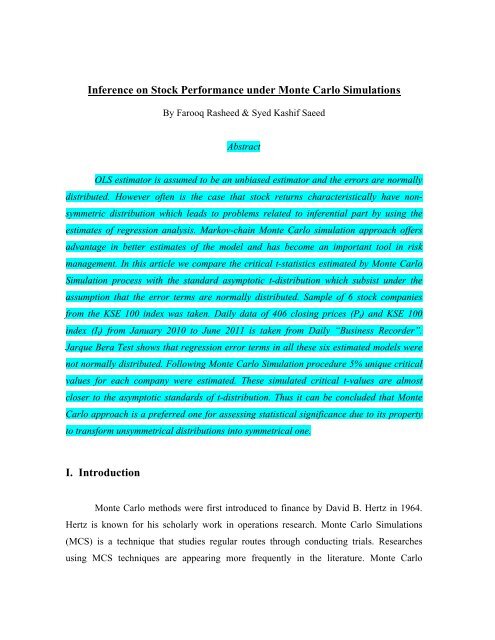 Inference on Stock Performance under Monte ... - 3rd SAICON 2011