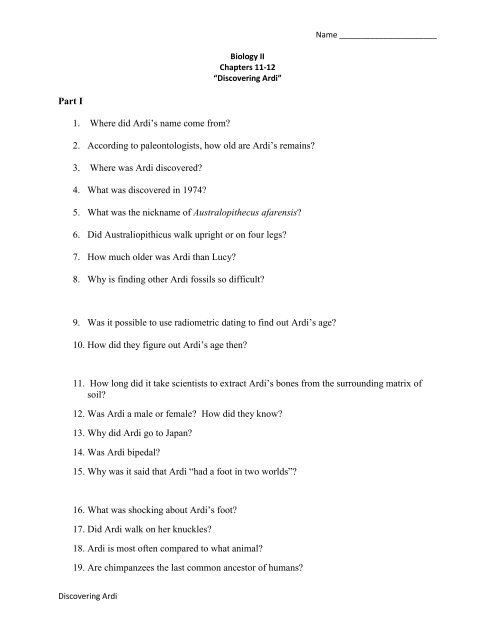 Or Discovering Ardi Video Worksheet