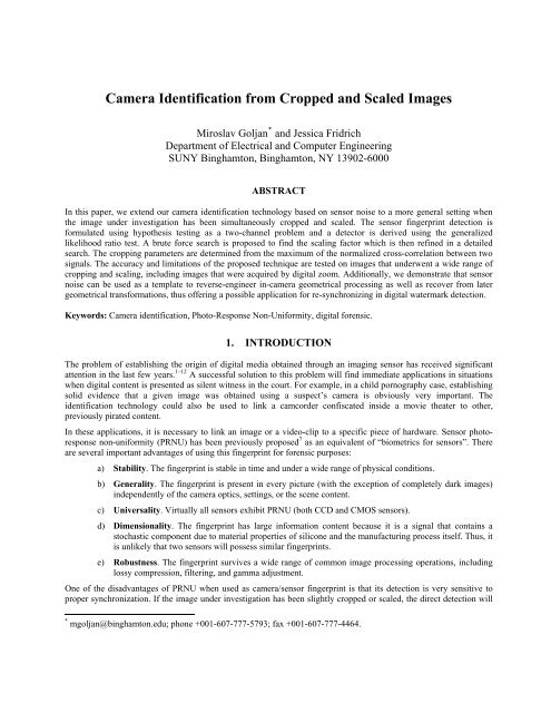 Camera Identification from Cropped and Scaled Images