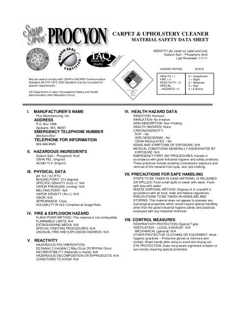 Materials Safety Data Sheet - Soap Free - PROCYON