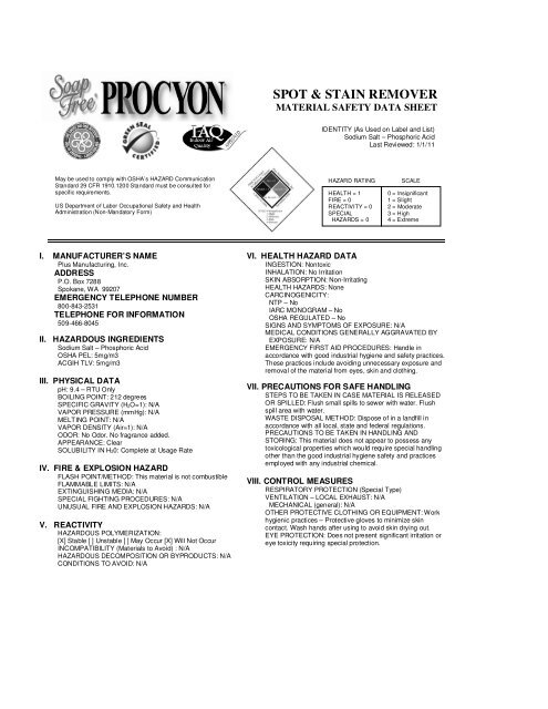 Materials Safety Data Sheet - Soap Free - PROCYON