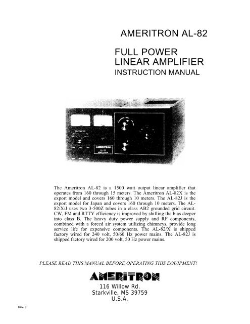 AMERITRON AL-82 FULL POWER LINEAR AMPLIFIER - Ad4c.us