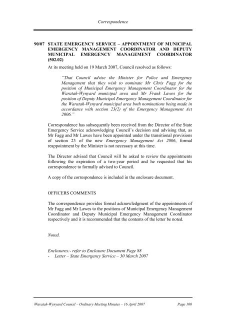 Council Minutes 16 April 2007 - Waratah-Wynyard Council