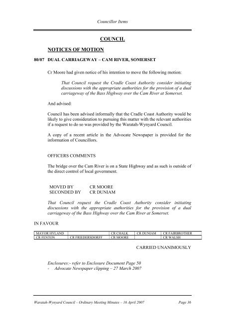 Council Minutes 16 April 2007 - Waratah-Wynyard Council