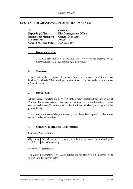 Council Minutes 16 April 2007 - Waratah-Wynyard Council