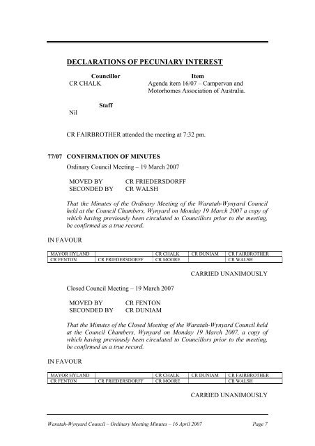 Council Minutes 16 April 2007 - Waratah-Wynyard Council