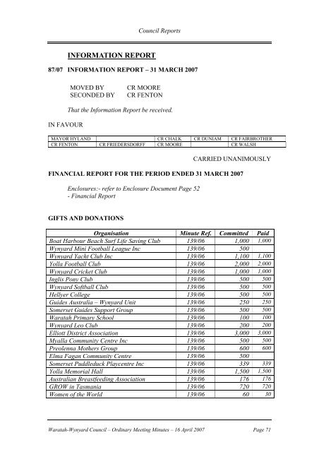 Council Minutes 16 April 2007 - Waratah-Wynyard Council