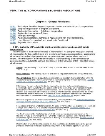 FSM Code, Title 36, Corporate laws Chapter 1, General Provisions