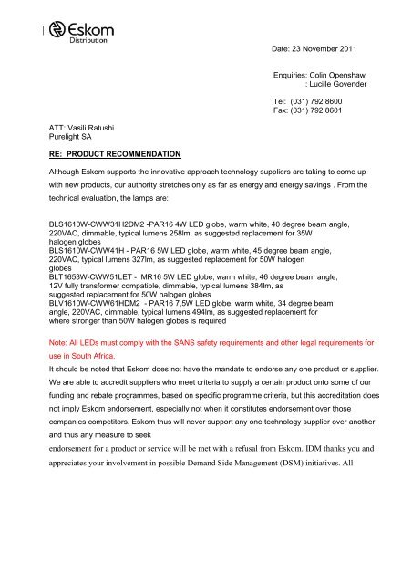 Eskom Product Re Mendation Letter Pure Light LED Products