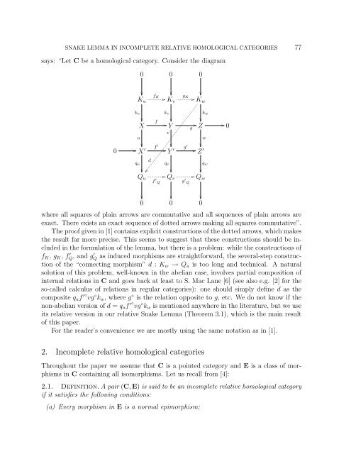 SNAKE LEMMA IN INCOMPLETE RELATIVE HOMOLOGICAL ...