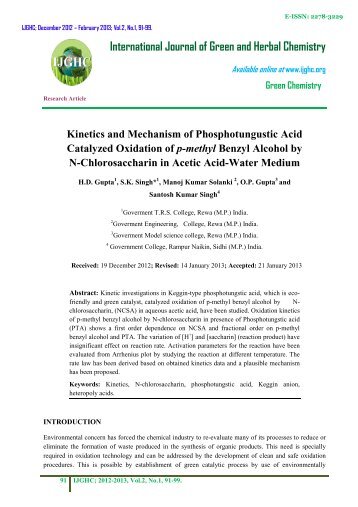 Kinetics and mechanism of Phosphotungustic Acid ... - IJGHC