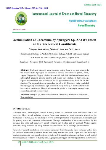 Accumulation of Chromium by Spirogyra Sp. And it's Effect ... - IJGHC