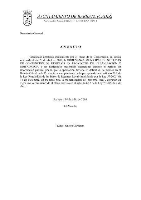 Resolución del Ayuntamiento de Barbate (Cádiz) por la que se ...