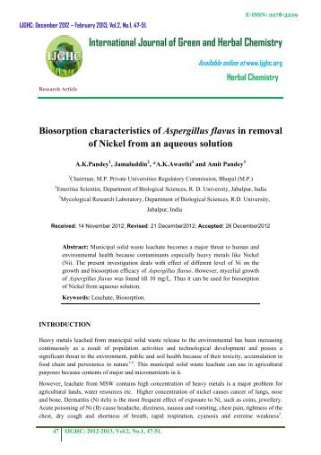 Biosorption characteristics of Aspergillus flavus in removal ... - IJGHC