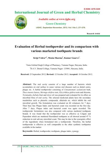 Evaluation of Herbal toothpowder and its comparison with ... - IJGHC