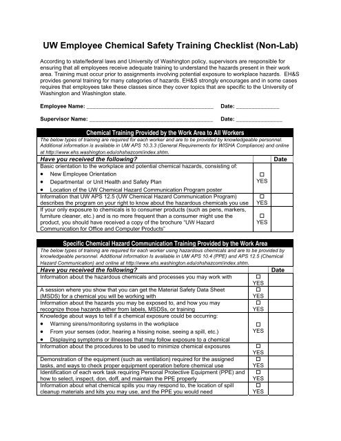 uw employee chemical safety training checklist environmental training check list