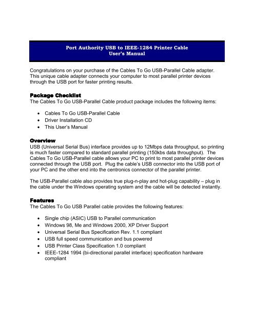 USB to Parallel Printer Cable Installation Guide - Cables To Go