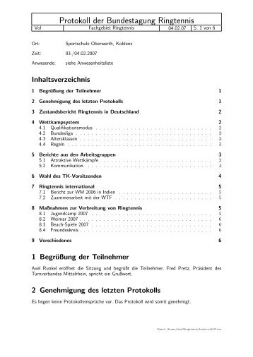 Protokoll der Bundestagung Ringtennis - auf Ringtennis.de