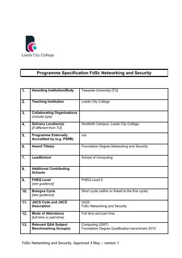 Programme Specification FdSc Networking and Security May 2013