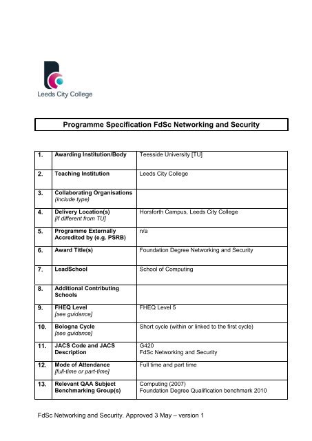 Programme Specification FdSc Networking and Security May 2013